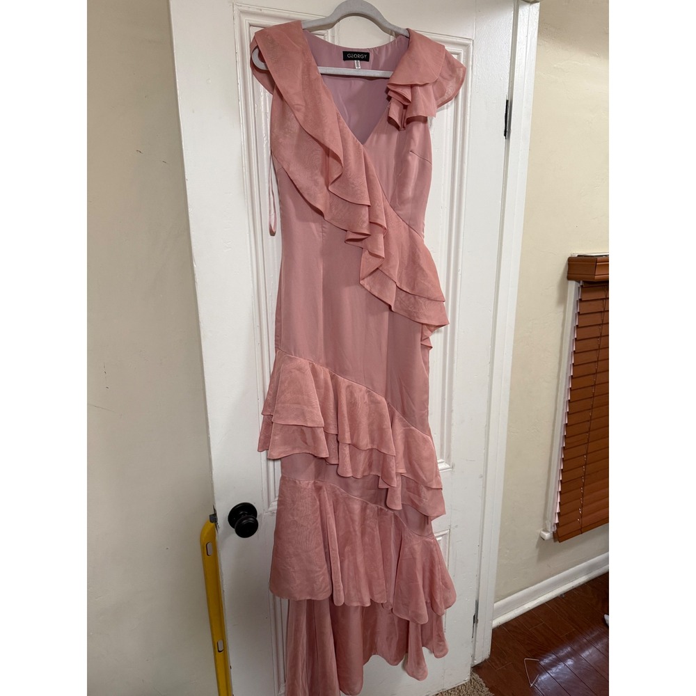 Georgy Collection Clara Gown Pink Ruffle Tiered wedding guest dress US 4‎